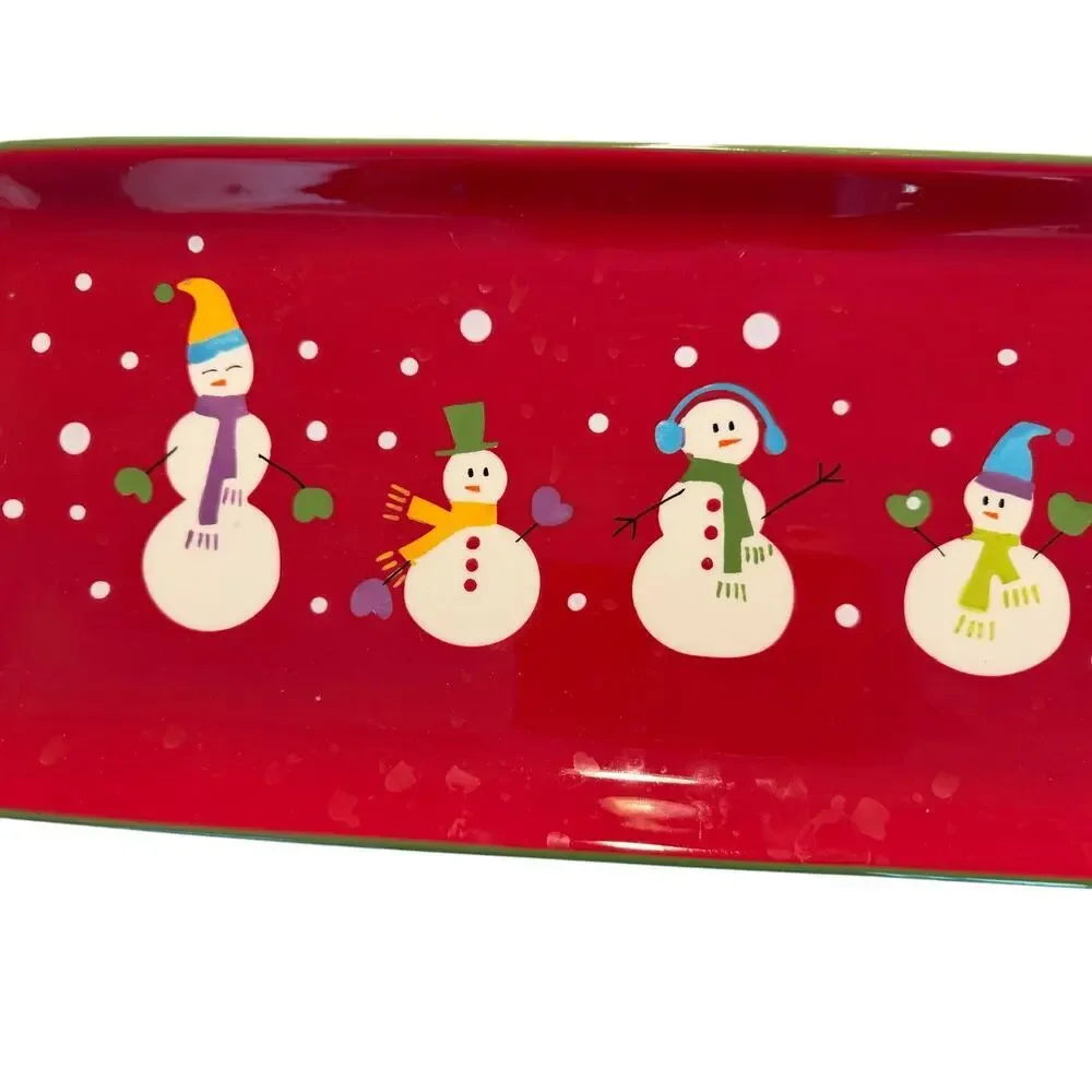 Pier 1 ceramic Christmas tray platter red festive holiday snowmen 18.5 x 7